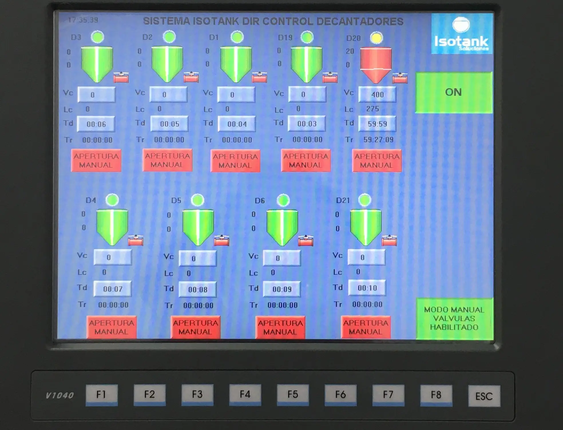 DIR DAOVE RC® pantalla central de control ISOTANK — sistema automático de detección de turbios en depósitos de bodega con monitorización desde PC